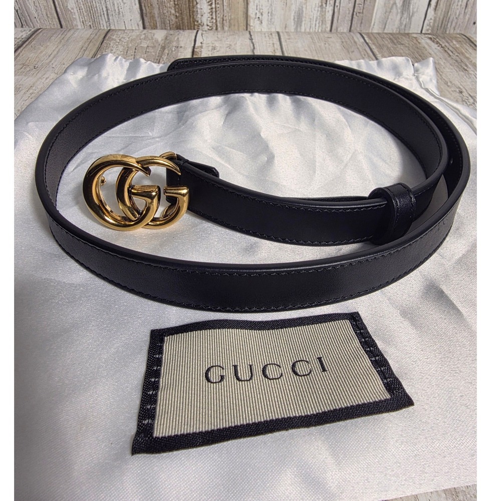 Gucci Double G Thin Black Leather Belt Gold Buckle 409417 75-30 Mens Womens - Picture 10 of 12